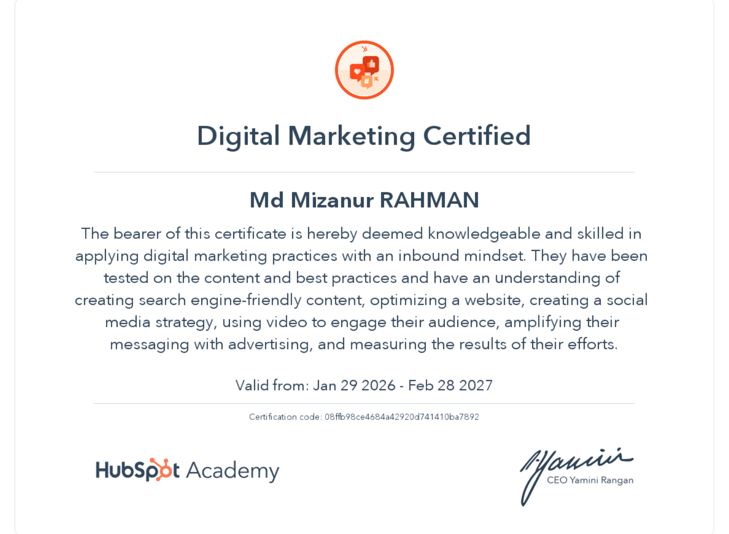 Md Mizanur Rahman's HubSpot Academy Digital Marketing Certificate