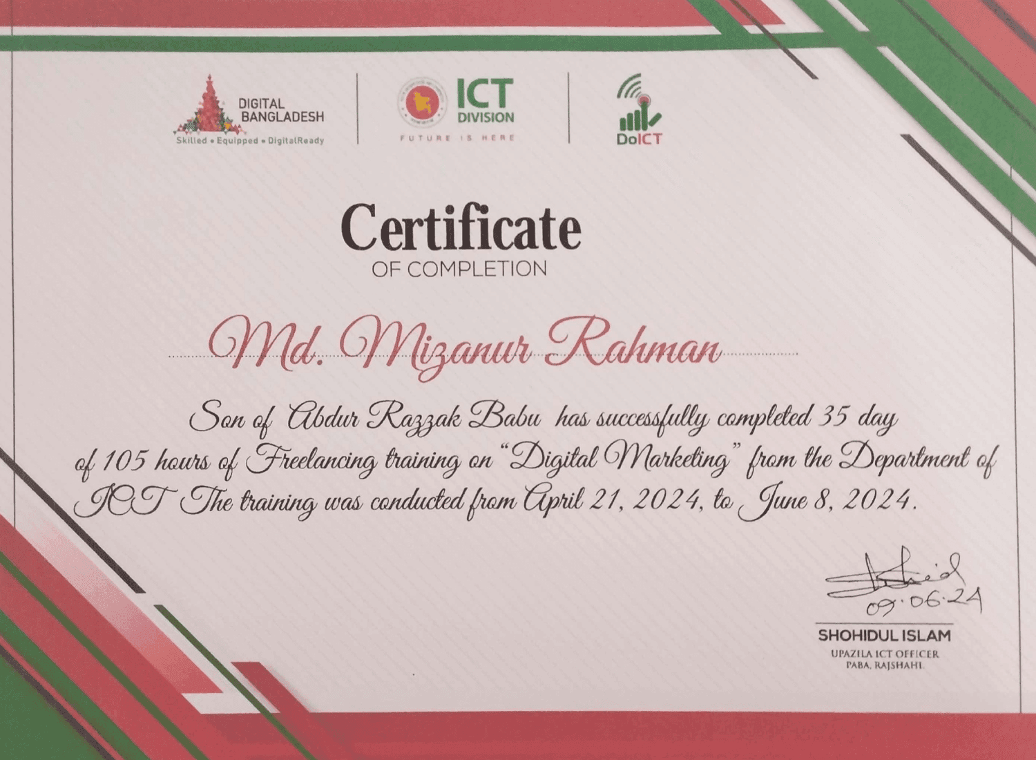Md Mizanur Rahman's Bangladesh ICT Division Digital Marketing Certificate