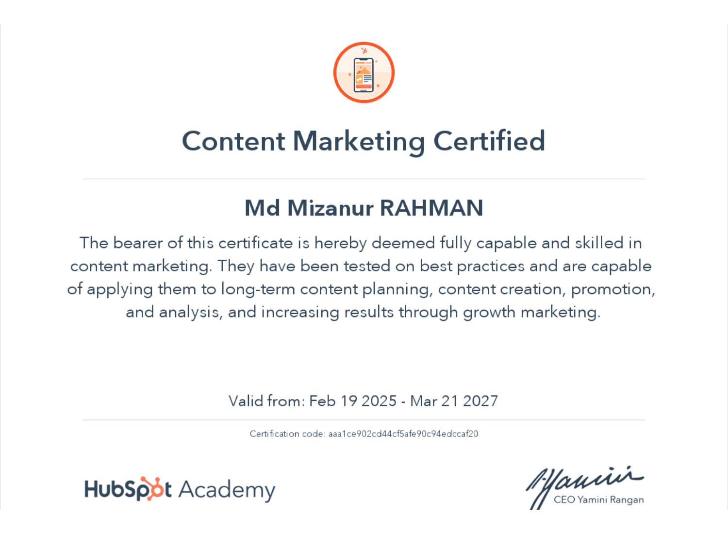 Md Mizanur Rahman's HubSpot Academy Content Marketing Certificate