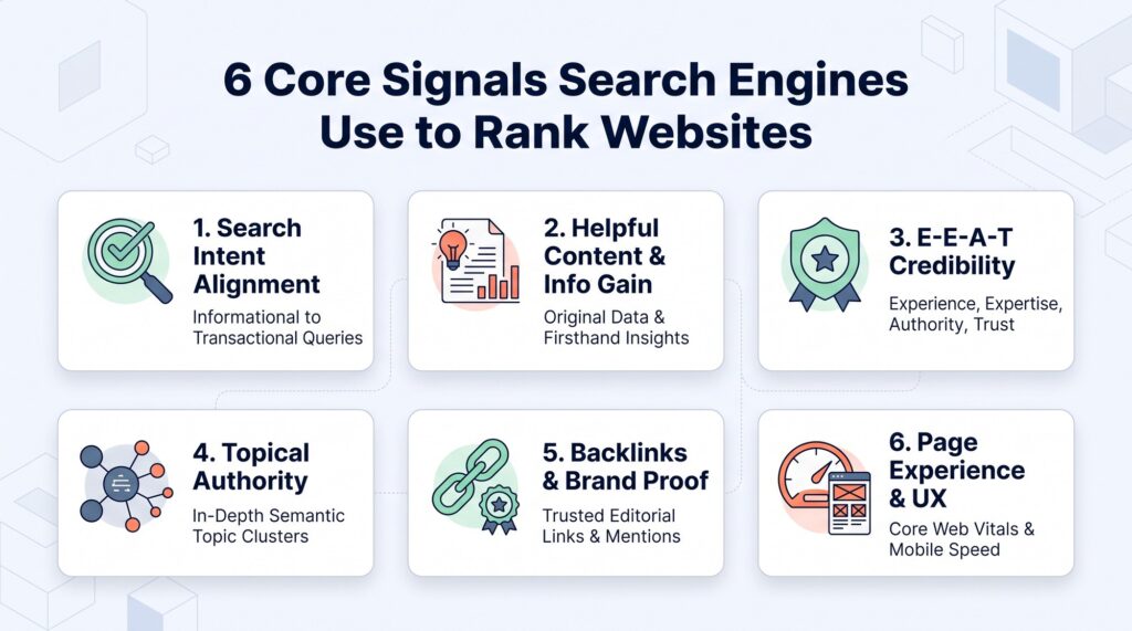 Infographic illustrating the 6 core ranking signals search engines evaluate: search intent, helpful content, E-E-A-T, topical authority, backlinks, and page experience