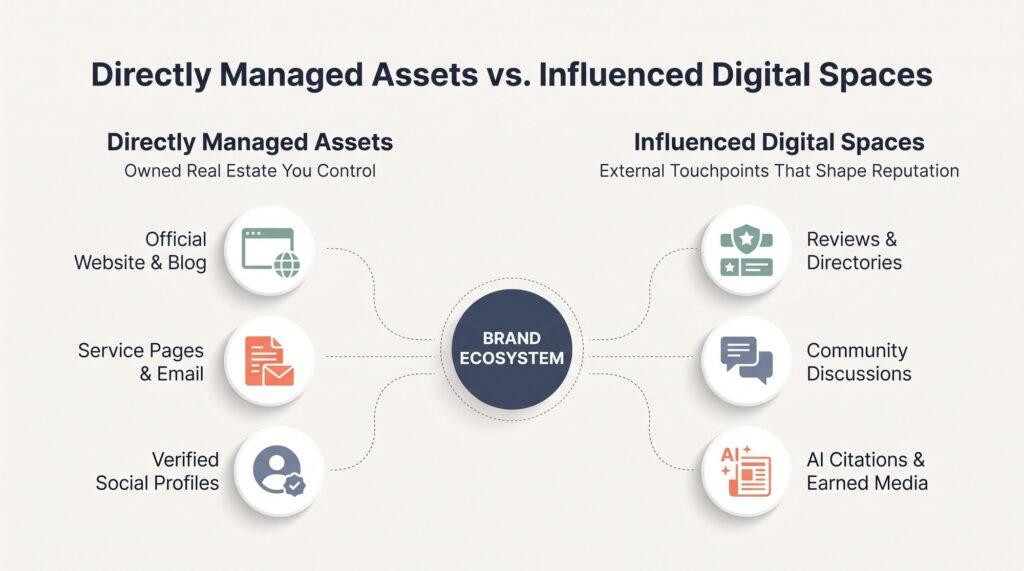 Comparison diagram of directly managed owned assets versus external influenced digital spaces in Search Everywhere Optimization