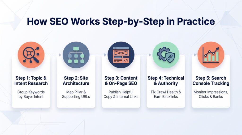Workflow diagram showing how SEO works step-by-step: intent research, site architecture, content optimization, technical authority, and Search Console tracking