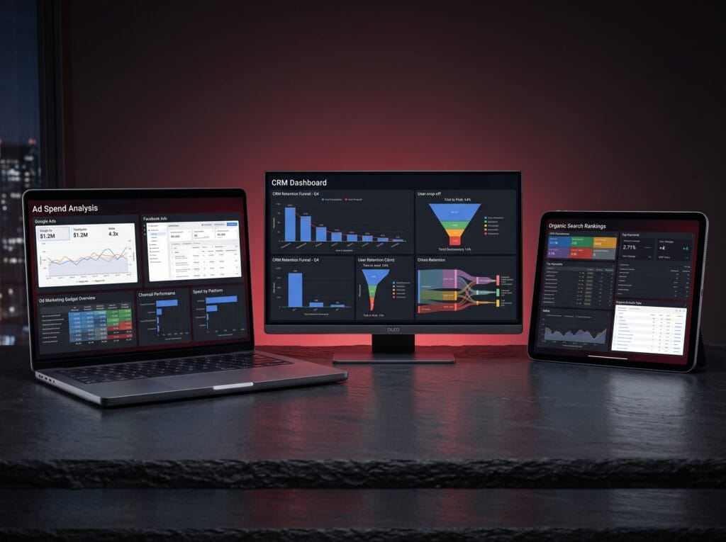 Three disconnected screens showing separate dashboards for ad spend analysis, CRM funnels, and organic search rankings illustrating marketing data silos.