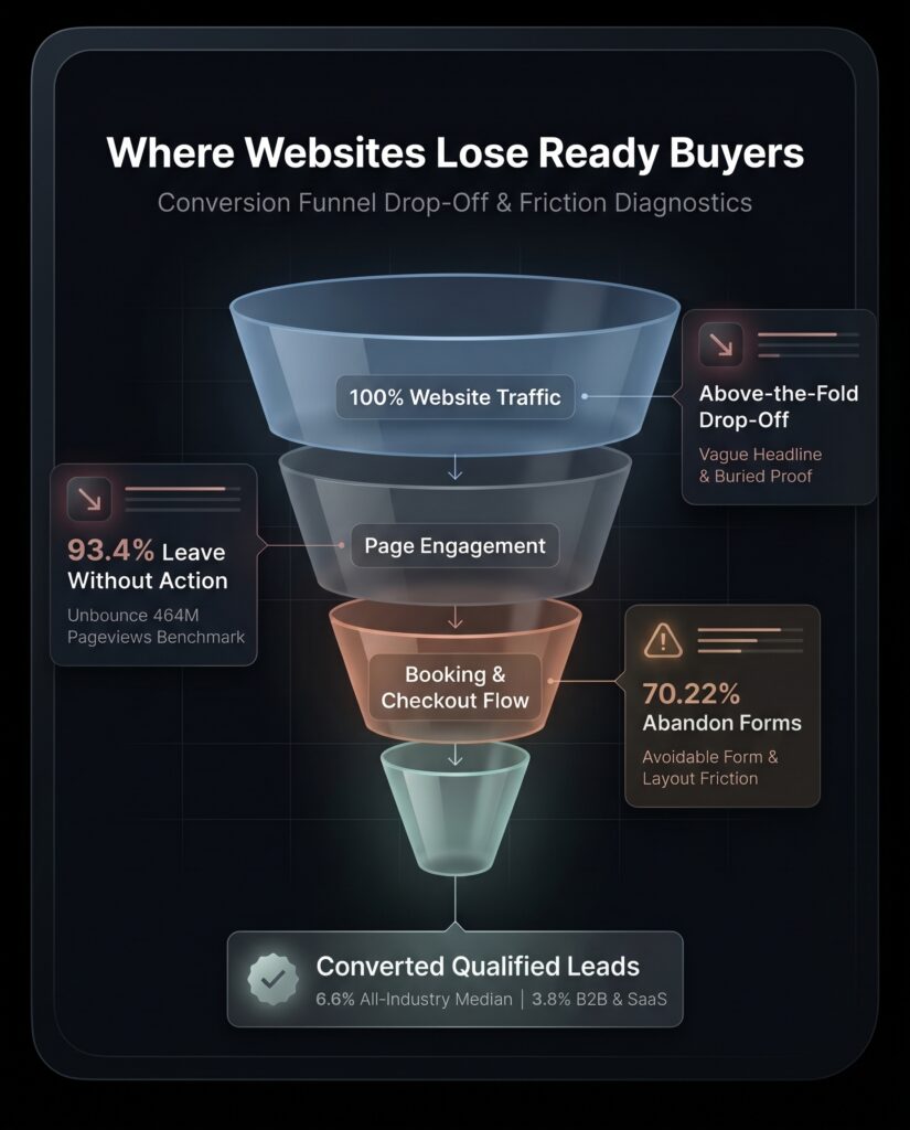 Diagram illustrating why websites lose ready buyers before converting, highlighting checkout friction, ambiguous value propositions, and conversion drop-offs - Invrse Marketing