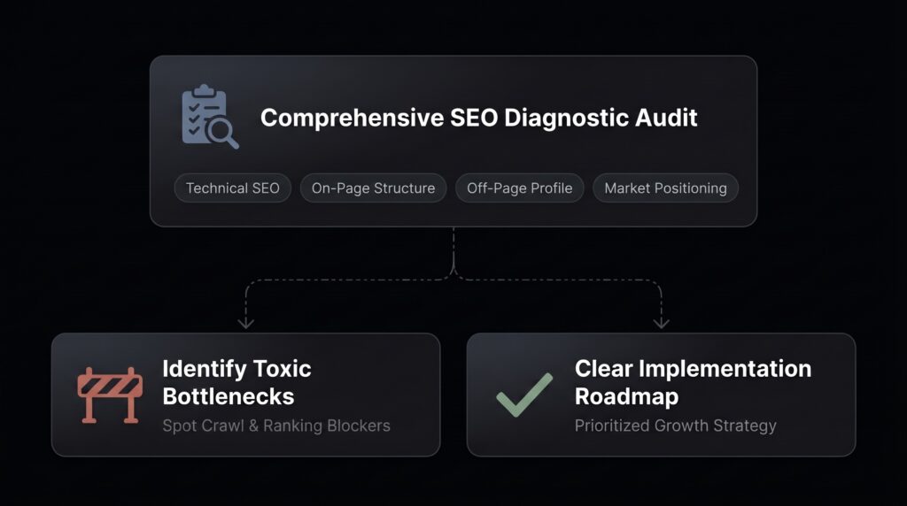 Comprehensive website SEO diagnostic audit dashboard uncovering crawl errors, indexing bottlenecks, and technical health score