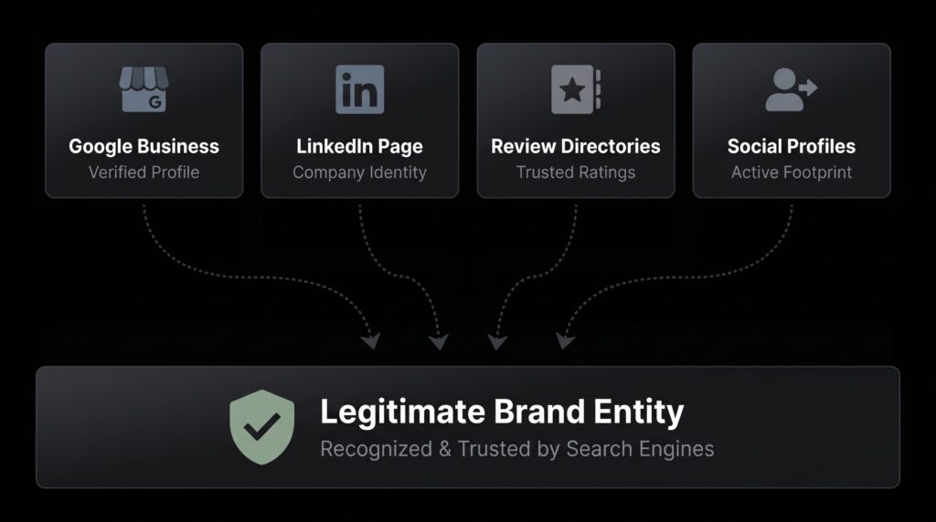 Brand entity knowledge graph and digital footprint architecture establishing unambiguous corporate and founder authority