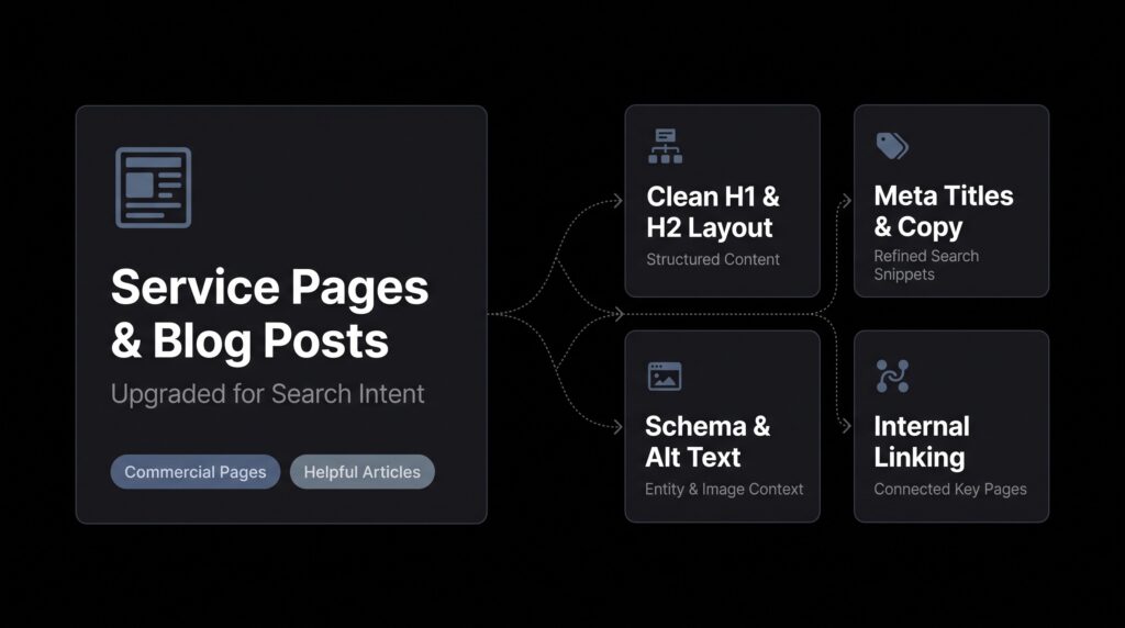 On-page SEO and content optimization workflow mapping search intent, heading hierarchy, meta tags, and internal link structure