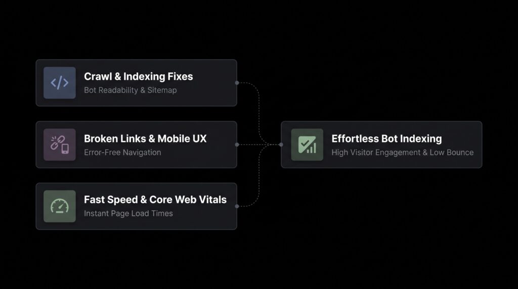 Technical SEO and Core Web Vitals performance optimization showing sub-second loading speed, LCP improvements, and clean code delivery