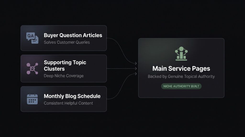 Hub and spoke topical authority cluster framework showing interconnected pillar content and supporting topic articles