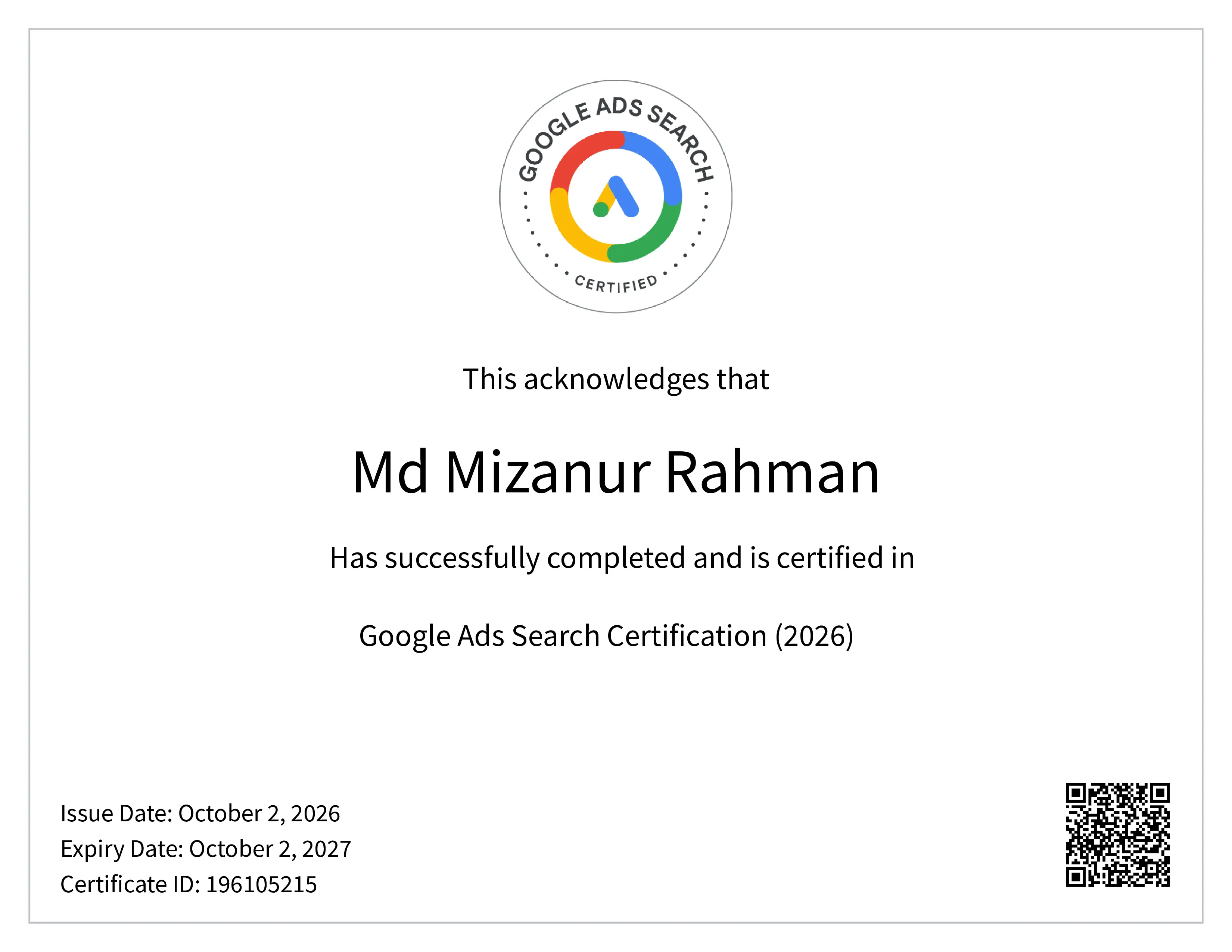 Google Ads Search Certification (2026) - MD Mizanur Rahman